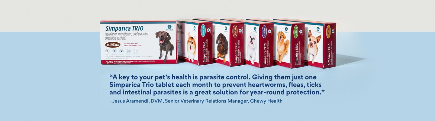 A key to your pet's health is parasite control. Giving them just one Simparica Trio tablet each month to prevent heartworms, fleas, ticks, and intestinal parasites is a great solution for year-round protection" - Jesus Aramendi, DVM